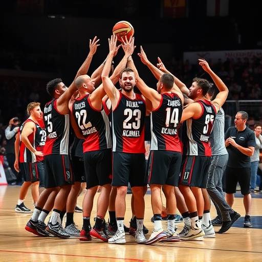 Giocatori dell'Olimpia Milano che esultano dopo la vittoria nel derby contro la Virtus Bologna