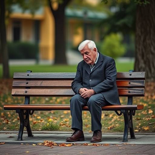 Un anziano seduto da solo su una panchina in un parco, con un'espressione triste e pensierosa.