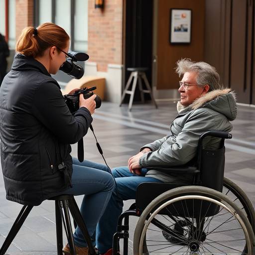 Un giornalista che intervista una persona su una sedia a rotelle, simboleggiando l'inclusione nel giornalismo.
