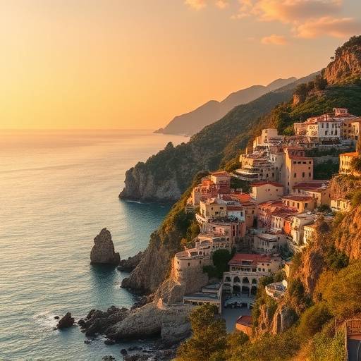 Veduta panoramica di una costa italiana con un borgo storico arroccato.